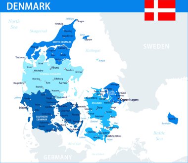 Danimarka Harita Vektörü Mavi Leke - Web sitesi, eğitim, raporlar, haberler, haberler, politika, baskı, poster ve duvar kağıdı için idari bölümlere sahip özelleştirilebilir Danimarka siyasi haritası