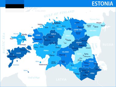 Estonya Harita Vektörü Mavi Leke - Estonya 'nın web sitesi, eğitim, raporlar, haber, politika, baskı, poster ve duvar kağıdı idari bölümleri ile özelleştirilebilir siyasi haritası