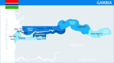 Gambiya Harita Vektörü Mavi Leke - Web sitesi, eğitim, raporlar, haberler, haberler, politika, baskı, poster ve duvar kağıdı için idari bölümlere sahip Gambiya 'nın özelleştirilebilir siyasi haritası