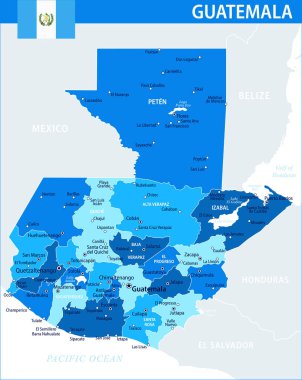 Guatemala Harita Vektörü Mavi Leke - Guatemala 'nın web sitesi, eğitim, raporlar, haberler, politika, baskı, poster ve duvar kağıdı için idari bölümleri ile özelleştirilebilir siyasi haritası
