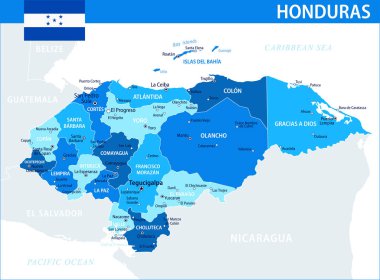 Honduras Harita Vektörü Mavi Leke - İnternet sitesi, eğitim, raporlar, haberler, haber, siyaset, baskı, poster ve duvar kağıdı için idari bölümlere sahip Honduras 'ın özelleştirilebilir siyasi haritası