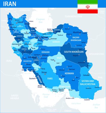 İran Harita Vektörü Mavi Leke - İdari bölümleri web sitesi, eğitim, raporlar, haberler, haberler, siyaset, baskı, poster ve duvar kağıdı olan İran 'ın özelleştirilebilir siyasi haritası