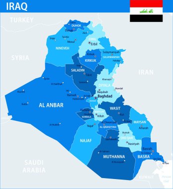 Irak Harita Vektörü Mavi Leke - İnternet sitesi, eğitim, raporlar, haberler, siyaset, baskı, poster ve duvar kağıdı için idari bölümlere sahip özelleştirilebilir Irak siyasi haritası