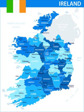 İrlanda Harita Vektörü Mavi Leke - İnternet sitesi, eğitim, raporlar, haberler, politika, baskı, poster ve duvar kağıdı için idari bölümlere sahip özelleştirilebilir İrlanda siyasi haritası