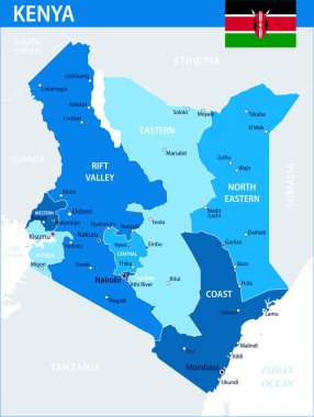 Kenya Harita Vektörü Mavi Leke - Kenya 'nın web sitesi, eğitim, raporlar, haber, politika, baskı, poster ve duvar kağıdı idari bölümleri ile özelleştirilebilir siyasi haritası
