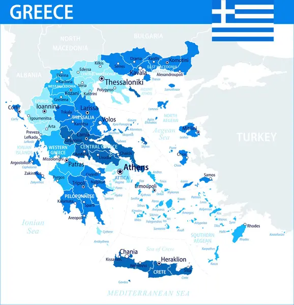 Yunanistan Harita Vektörü Mavi Leke - İnternet sitesi, eğitim, raporlar, haberler, siyaset, baskı, poster ve duvar kağıdı için idari bölümlere sahip Yunanistan 'ın özelleştirilebilir siyasi haritası