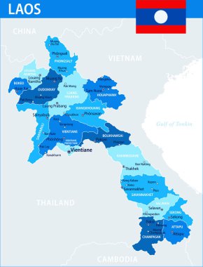 Laos Harita Vektörü Mavi Leke - Web sitesi, eğitim, raporlar, haber, politika, baskı, poster ve duvar kağıdı idari bölümleri ile özelleştirilebilir siyasi Laos haritası