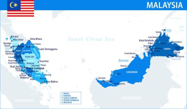 Malezya Harita Vektörü Mavi Leke - İnternet sitesi, eğitim, raporlar, haber, politika, baskı, poster ve duvar kağıdı için idari bölümlere sahip Malezya 'nın özelleştirilebilir siyasi haritası