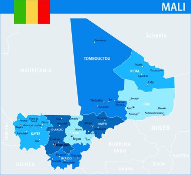 Mali Harita Vektörü Mavi Leke - Mali 'nin web sitesi, eğitim, raporlar, haber, politika, baskı, poster ve duvar kağıdı idari bölümleri ile özelleştirilebilir siyasi haritası