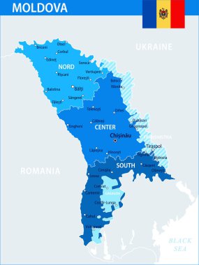 Moldova Harita Vektörü Mavi Leke - Moldova 'nın web sitesi, eğitim, raporlar, haber, siyaset, baskı, poster ve duvar kağıdı için idari bölümleri ile özelleştirilebilir siyasi haritası