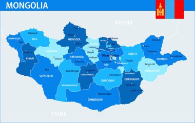 Moğolistan Harita Vektörü Mavi Leke - Web sitesi, eğitim, raporlar, haber, politika, baskı, poster ve duvar kağıdı için idari bölümlere sahip Moğolistan 'ın özelleştirilebilir siyasi haritası