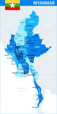 Myanmar Harita Vektörü Mavi Leke - Myanmar 'ın web sitesi, eğitim, raporlar, haber, politika, baskı, poster ve duvar kağıdı için idari bölümleri ile özelleştirilebilir siyasi haritası