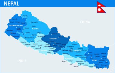 Nepal Harita Vektörü Mavi Leke - İnternet sitesi, eğitim, raporlar, haber, siyaset, baskı, poster ve duvar kağıdı için idari bölümlere sahip Nepal 'in özelleştirilebilir siyasi haritası