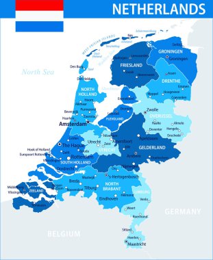 Hollanda Harita Vektörü Mavi Leke - İnternet sitesi, eğitim, raporlar, haber, politika, baskı, poster ve duvar kağıdı için idari bölümlere sahip Hollanda 'nın özelleştirilebilir siyasi haritası