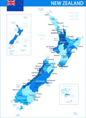 Yeni Zelanda Harita Vektörü Mavi Leke - Web sitesi, eğitim, raporlar, haberler, haberler, politika, baskı, poster ve duvar kağıdı için idari bölümlere sahip Yeni Zelanda 'nın özelleştirilebilir siyasi haritası