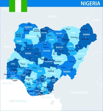 Nijerya Harita Vektörü Mavi Leke - İnternet sitesi, eğitim, raporlar, haber, politika, baskı, poster ve duvar kağıdı için idari bölümlere sahip Nijerya 'nın özelleştirilebilir siyasi haritası