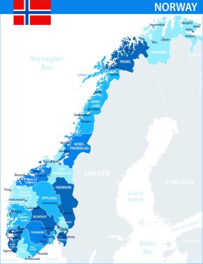 Norveç Harita Vektörü Mavi Leke - Web sitesi, eğitim, raporlar, haber, politika, baskı, poster ve duvar kağıdı idari bölümleri ile Norveç 'in özelleştirilebilir siyasi haritası