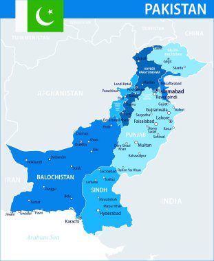 Pakistan Harita Vektörü Mavi Leke - Pakistan 'ın web sitesi, eğitim, raporlar, haberler, politika, baskı, poster ve duvar kağıdı idari bölümleri ile özelleştirilebilir siyasi haritası