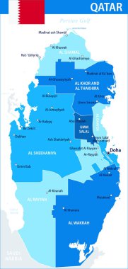 Katar Harita Vektörü Mavi Leke - Katar 'ın web sitesi, eğitim, raporlar, haber, politika, baskı, poster ve duvar kağıdı için idari bölümleri ile özelleştirilebilir siyasi haritası