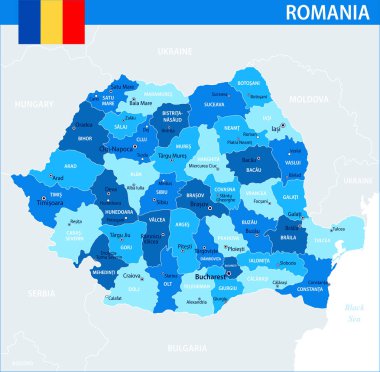 Romanya Harita Vektörü Mavi Leke - Romanya 'nın web sitesi, eğitim, raporlar, haberler, siyaset, baskı, poster ve duvar kağıdı idari bölümleriyle özelleştirilebilir siyasi haritası