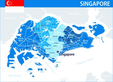 Singapur Harita Vektörü Mavi Leke - Web sitesi, eğitim, raporlar, haberler, haber, politika, baskı, poster ve duvar kağıdı için idari bölümlere sahip Singapur 'un özelleştirilebilir siyasi haritası