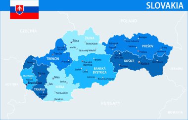 Slovakya Harita Vektörü Mavi Leke - Slovakya 'nın web sitesi, eğitim, raporlar, haber, politika, baskı, poster ve duvar kağıdı idari bölümleri ile özelleştirilebilir siyasi haritası