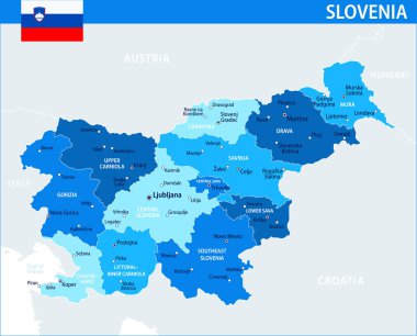 Slovenya Harita Vektörü Mavi Leke - Slovenya 'nın web sitesi, eğitim, raporlar, haber, siyaset, baskı, poster ve duvar kağıdı idari bölümleriyle özelleştirilebilir siyasi haritası