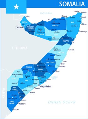 Somali Harita Vektörü Mavi Leke - İnternet sitesi, eğitim, raporlar, haber, politika, baskı, poster ve duvar kağıdı için idari bölümlere sahip Somali 'nin özelleştirilebilir siyasi haritası