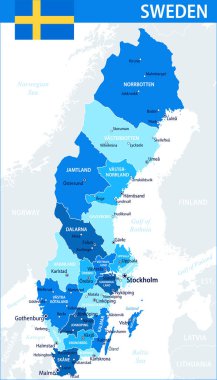 İsveç Harita Vektörü Mavi Leke - İnternet sitesi, eğitim, raporlar, haberler, politika, baskı, poster ve duvar kağıdı için idari bölümlere sahip İsveç 'in özelleştirilebilir siyasi haritası