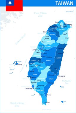 Tayvan Harita Vektörü Mavi Leke - İnternet sitesi, eğitim, raporlar, haberler, haberler, politika, baskı, poster ve duvar kağıdı için idari bölümlere sahip özelleştirilebilir Tayvan siyasi haritası