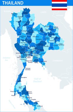 Tayland Harita Vektörü Mavi Leke - İnternet sitesi, eğitim, raporlar, haber, siyaset, baskı, poster ve duvar kağıdı için idari bölümlere sahip Tayland 'ın özelleştirilebilir siyasi haritası