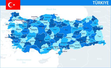Türkiye Harita Vektörü Mavi Leke - Türkiye 'nin web sitesi, eğitim, raporlar, haberler, siyaset, baskı, poster ve duvar kağıdı için idari bölümleri bulunan özelleştirilebilir siyasi haritası