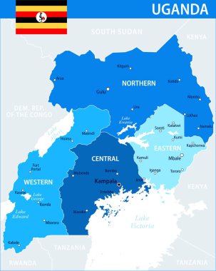 Uganda Harita Vektörü Mavi Leke - Web sitesi, eğitim, raporlar, haber, politika, baskı, poster ve duvar kağıdı idari bölümleri ile özelleştirilebilir Uganda siyasi haritası