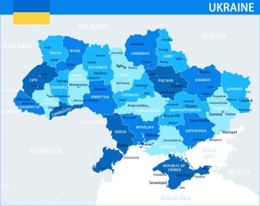 Ukrayna Harita Vektörü Mavi Leke - Web sitesi, eğitim, raporlar, haberler, haberler, haberler, siyaset, baskı, poster ve duvar kağıdı için idari bölümlere sahip Ukrayna 'nın özelleştirilebilir siyasi haritası