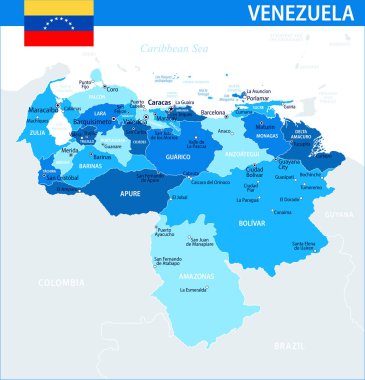 Venezuela Harita Vektörü Mavi Leke - Web sitesi, eğitim, raporlar, haberler, haberler, haberler, politika, baskı, poster ve duvar kağıdı için idari bölümlere sahip Venezuela 'nın özelleştirilebilir politik haritası