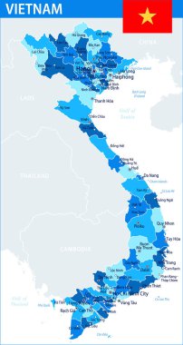 Vietnam Harita Vektörü Mavi Leke - İnternet sitesi, eğitim, raporlar, haberler, politika, baskı, poster ve duvar kağıdı için idari bölümlere sahip özelleştirilebilir Vietnam siyasi haritası