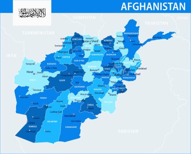 Afganistan Harita Vektörü Mavi Leke - İnternet sitesi, eğitim, raporlar, haberler, politika, baskı, poster ve duvar kağıdı için idari bölümlere sahip Afganistan 'ın özelleştirilebilir siyasi haritası