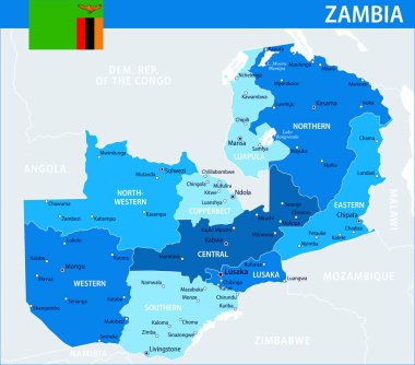 Zambiya Harita Vektörü Mavi Leke - Zambiya 'nın web sitesi, eğitim, raporlar, haber, siyaset, baskı, poster ve duvar kağıdı idari bölümleri ile özelleştirilebilir siyasi haritası