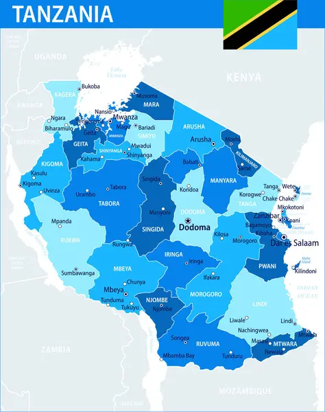 Tanzanya Harita Vektörü Mavi Leke - İnternet sitesi, eğitim, raporlar, haberler, haber, siyaset, baskı, poster ve duvar kağıdı için idari bölümlere sahip Tanzanya 'nın özelleştirilebilir siyasi haritası