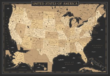 United States Map Retro Vintage Ancient Cartoon - vector illustration with layers in black and golden colors clipart