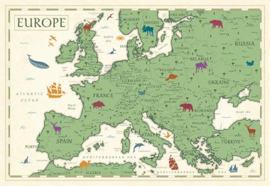 Avrupa Haritası - Retro Vintage Ancient Karikatürü - katmanlı vektör renkli illüstrasyon