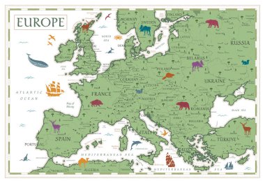 Avrupa Haritası - Retro Vintage Ancient Karikatürü - katmanlı vektör renkli illüstrasyon