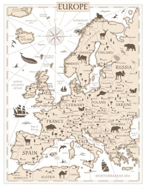 Avrupa Haritası - Retro Vintage Ancient Karikatürü - katmanlı vektör renkli illüstrasyon