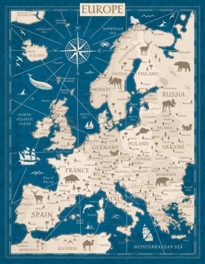 Avrupa Haritası - Retro Vintage Ancient Karikatürü - vektör renklendirmesi mavi bej renkli katmanlar