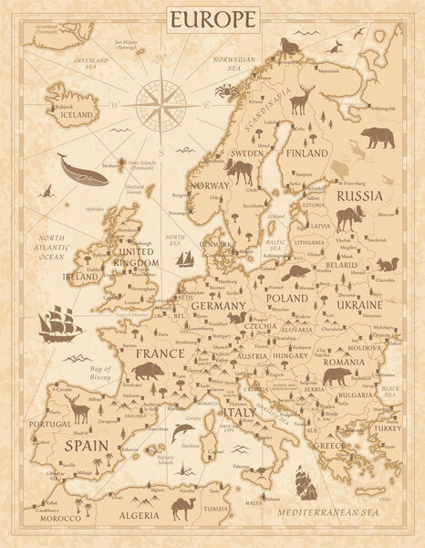 Карта Европы - Ретро старинный древний мультфильм - векторная цветная иллюстрация со слоями