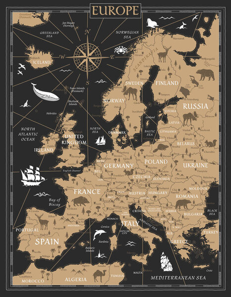 Карта Европы - Ретро старинный древний мультфильм - векторная цветная иллюстрация со слоями в черно-золотых тонах