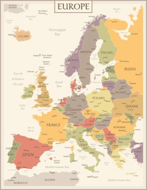 Avrupa Haritası - Retro Vintage Ancient Karikatürü - katmanlı vektör renkli illüstrasyon