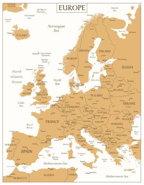 Avrupa Haritası - Retro Vintage Antik Çizgi Filmi - vektör renklendirmesi ile altın renkli katmanlar