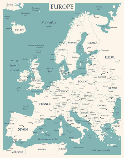 Карта Европы - Ретро старинный древний мультфильм - векторная цветная иллюстрация со слоями в выцветших цветах