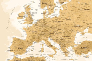 Avrupa Haritası - Topografik Retro Vintage Antik Çizgi Filmi - Altın renkli katmanlı vektör renklendirmesi